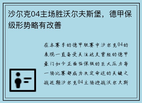 沙尔克04主场胜沃尔夫斯堡，德甲保级形势略有改善