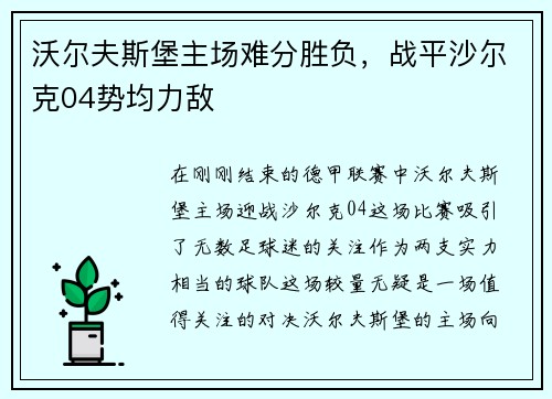 沃尔夫斯堡主场难分胜负，战平沙尔克04势均力敌